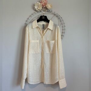 Anthropologie Sequin Button-Up Shirt in Pearl. Size Large